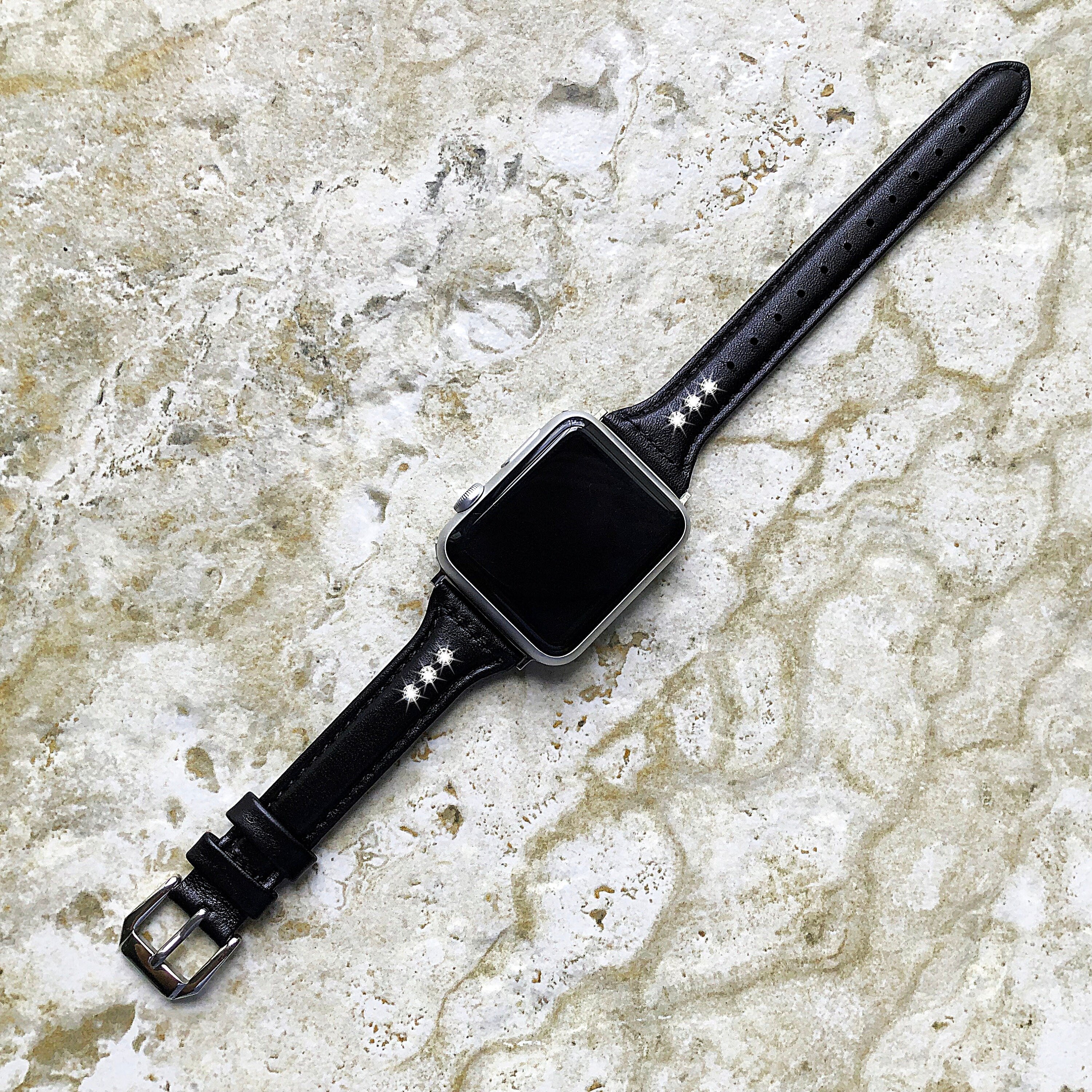 Apple Black Leather and Crystals Slim Elegant Soft Band Strap Bracelet for iWatch All Series 38mm 40mm 41mm 42mm 44mm 45mm 49mm Case
